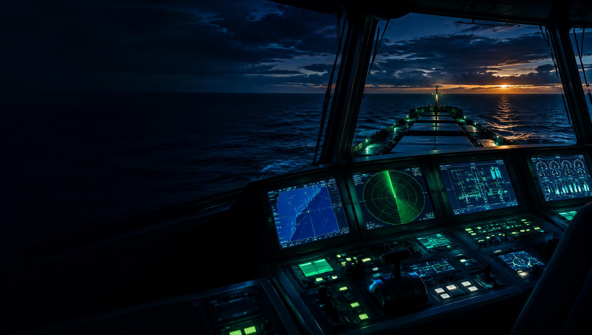 Ship bridge at sea at night with glowing control and navigation screens
